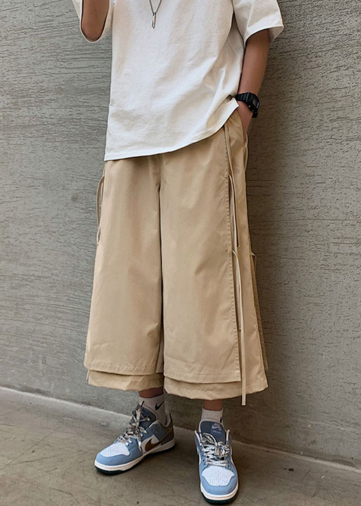 Original Khaki Lace Up False Two Pieces Cotton Mens Crop Pants Summer