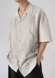 Original Light Grey Print Button Cotton Men Shirt Summer