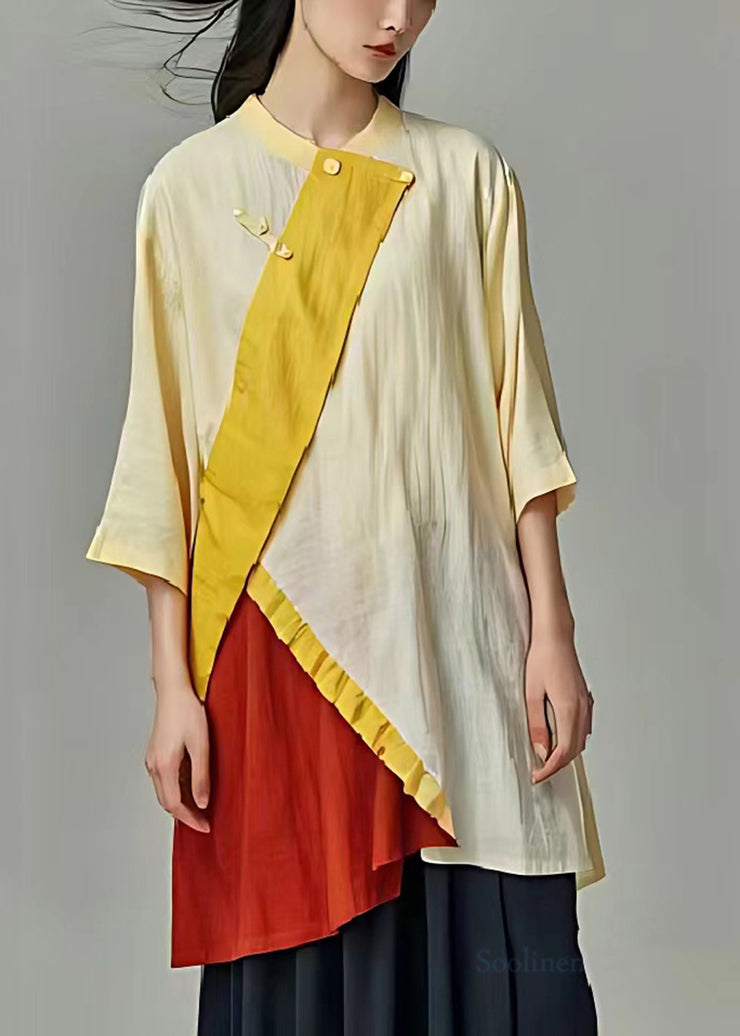 Original Light Yellow Asymmetrical Patchwork Linen Mid Dress Summer