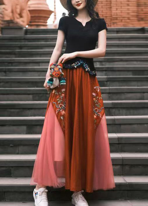 Original Orange Embroideried Patchwork Elastic Waist Tulle Skirts Summer