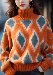 Original Orange Turtleneck Plaid Thick Knit Sweaters Winter