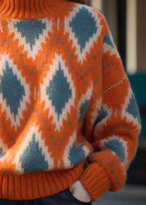 Original Orange Turtleneck Plaid Thick Knit Sweaters Winter