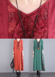 Original Orange V Neck Hollow Out Lace Patchwork Cotton Long Dresses Fall