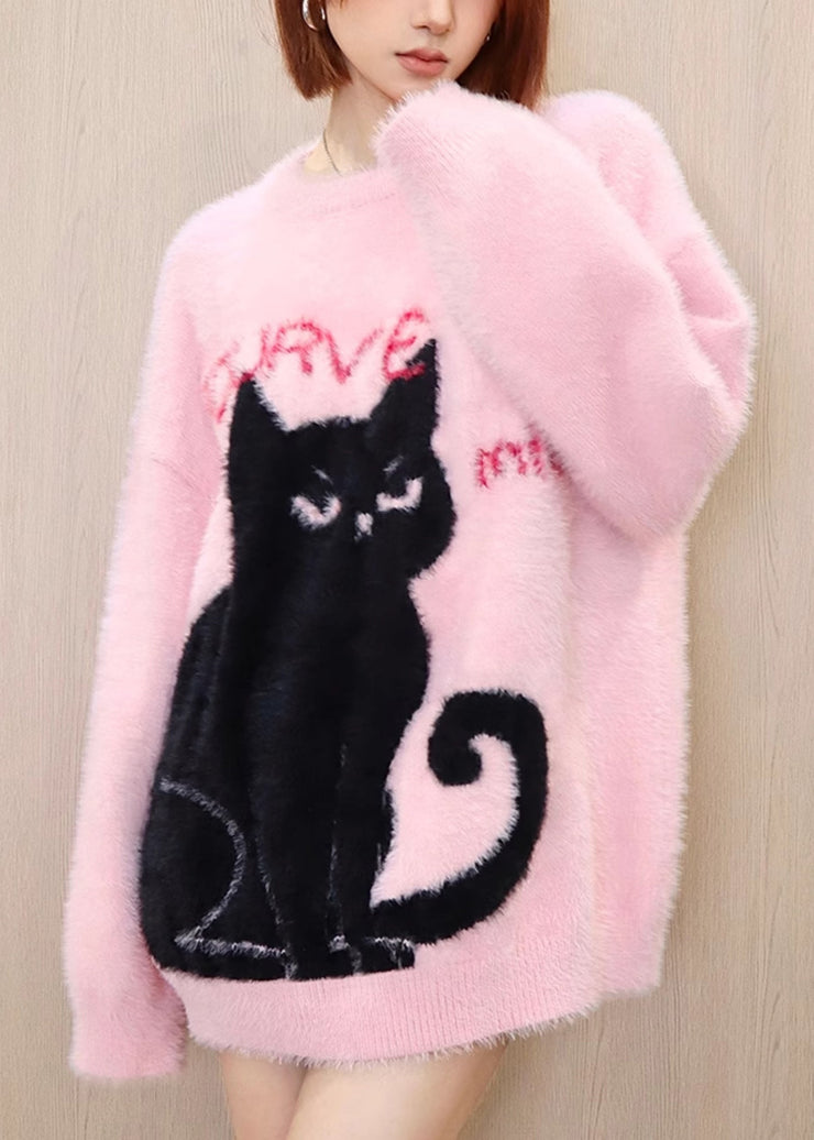 Original Pink O Neck Cat Mink Hair Knitted Pullover Tops Spring