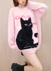 Original Pink O Neck Cat Mink Hair Knitted Pullover Tops Spring