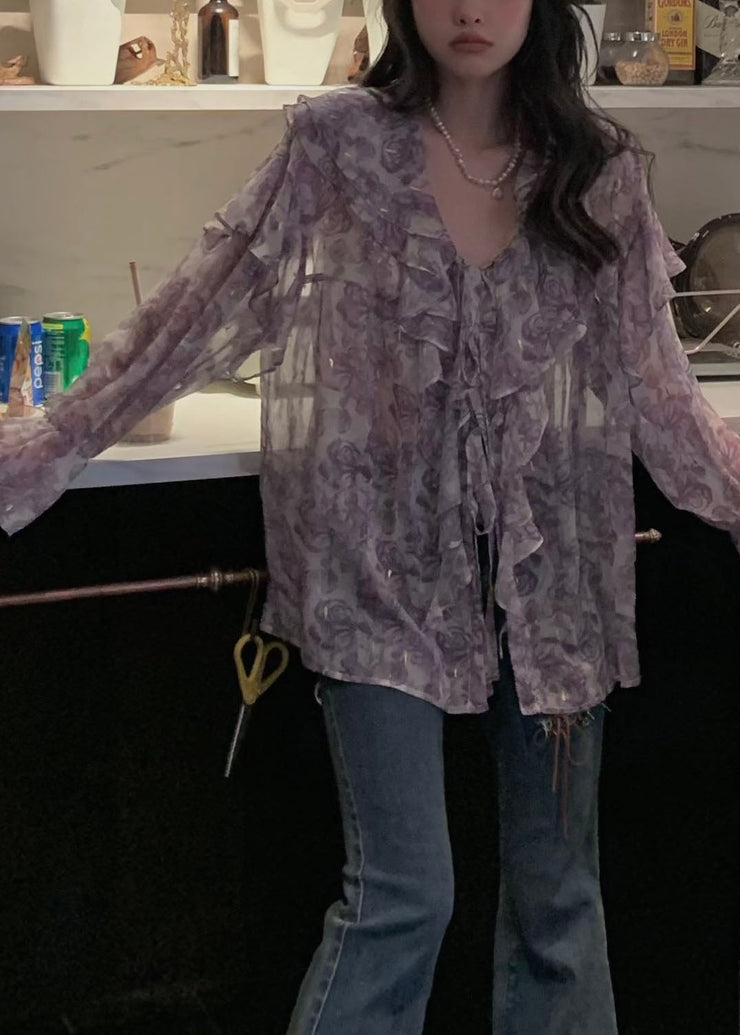 Original Purple Ruffled Print Shirt Spring