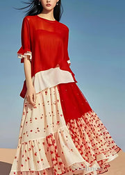 Original Red O Neck Print Chiffon Long Dress Half Sleeve