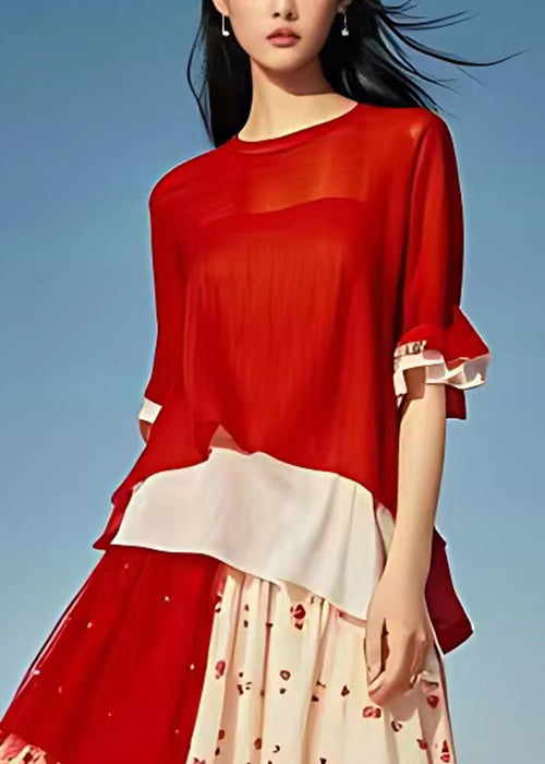 Original Red O Neck Print Chiffon Long Dress Half Sleeve