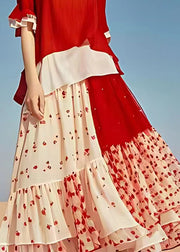 Original Red O Neck Print Chiffon Long Dress Half Sleeve