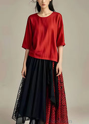 Original Red O Neck Tulle Patchwork Long Dress Half Sleeve