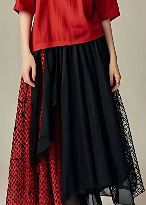 Original Red O Neck Tulle Patchwork Long Dress Half Sleeve