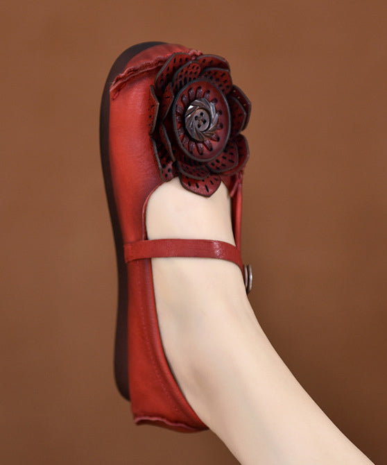 Original Retro Red Floral Soft Sole Cowhide Leather Flats Shoes