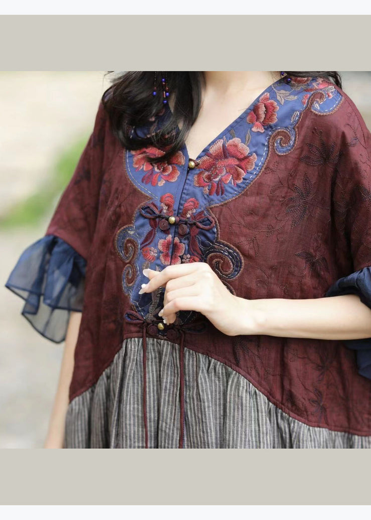 Original V-Neck Embroidered Loose Linen Dress Butterfly Sleeve