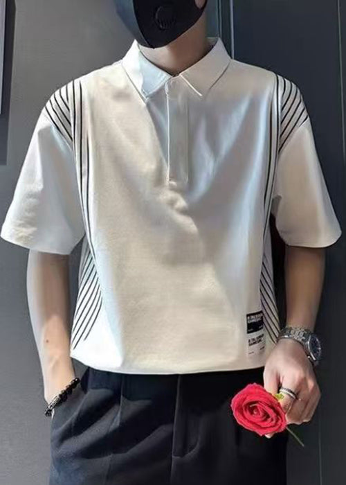 Original White Striped Button Cotton Men Polo Shirts Summer