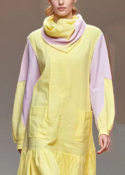 Original Yellow Turtleneck Pockets Cotton Dresses Long Sleeve