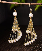 Oversize 14K Gold Pearl Tassel Drop Earrings