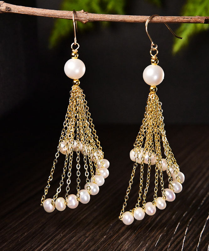 Oversize 14K Gold Pearl Tassel Drop Earrings