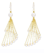 Oversize 14K Gold Pearl Tassel Drop Earrings