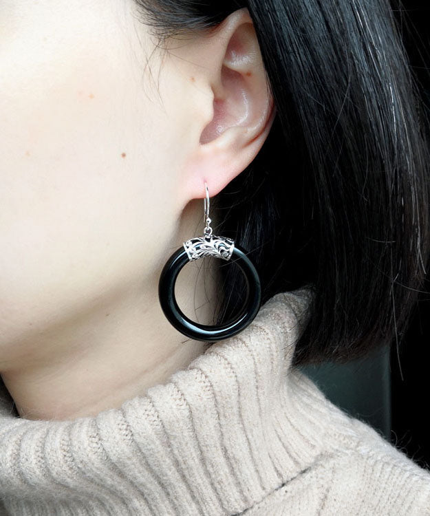 Oversize Black Sterling Silver Agate Circle Hoop Earrings