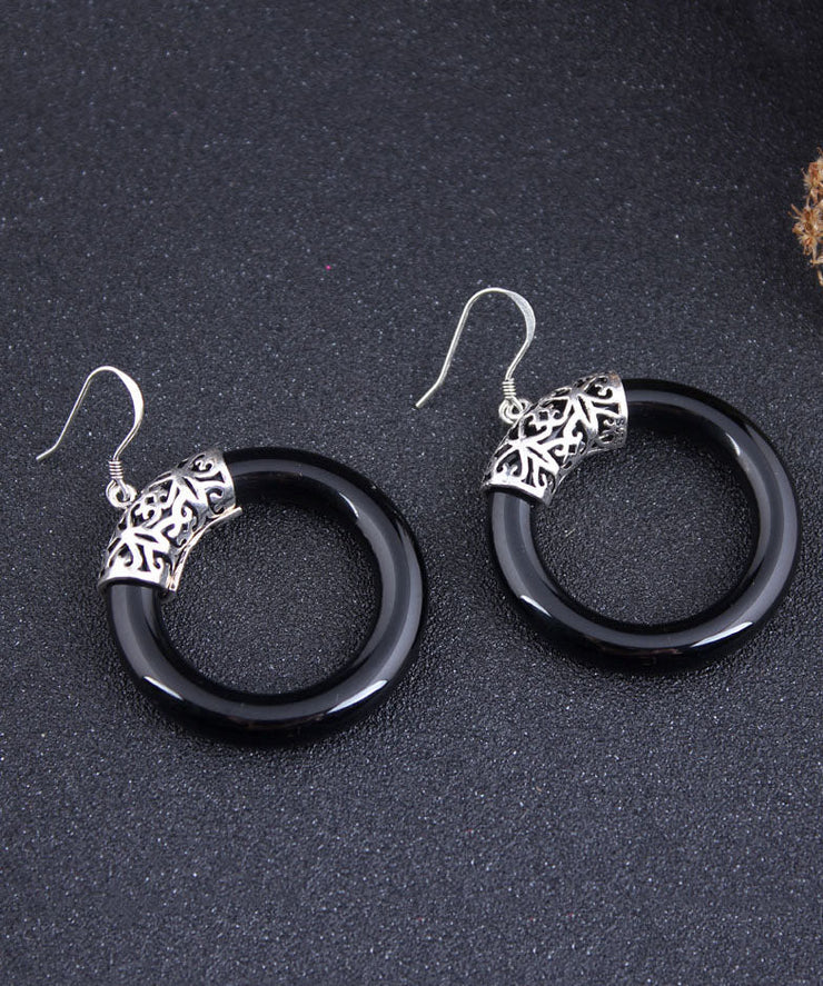 Oversize Black Sterling Silver Agate Circle Hoop Earrings