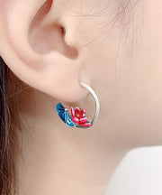 Oversize Blue Sterling Silver Cloisonne Lotus Hoop Earrings