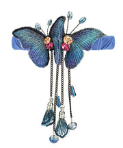 Oversize Blue Zircon Butterfly Embroidery Spring Tassel Hairpin