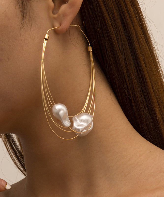 Oversize Gold Multiple Layers Metal Pearl Hoop Earrings