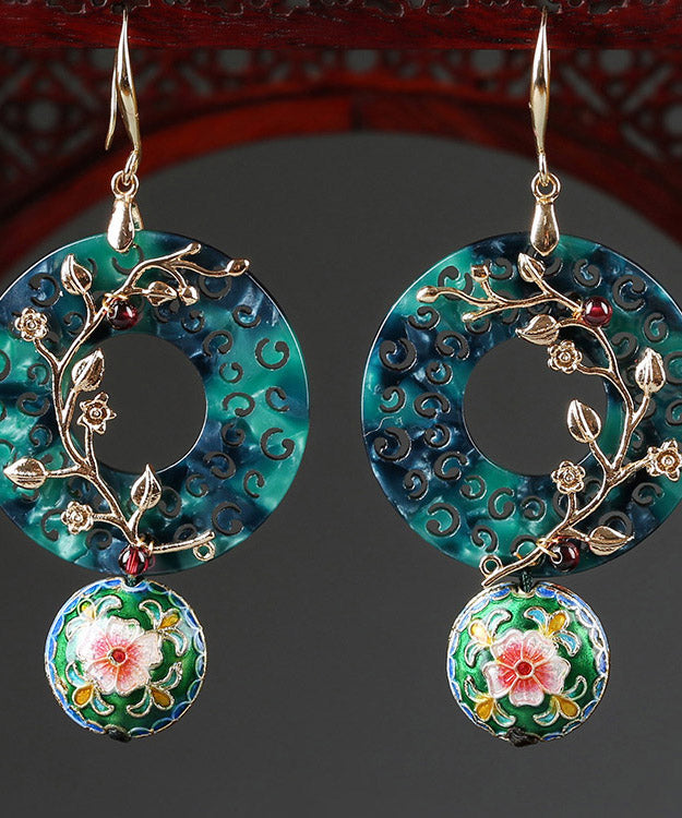 Oversize Green Copper Cloisonne Gem Stone Flower Drop Earrings