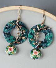 Oversize Green Copper Cloisonne Gem Stone Flower Drop Earrings