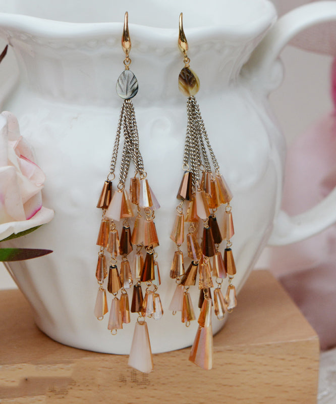 Oversize Green Copper Crystal Shell Flower Tassel Drop Earrings