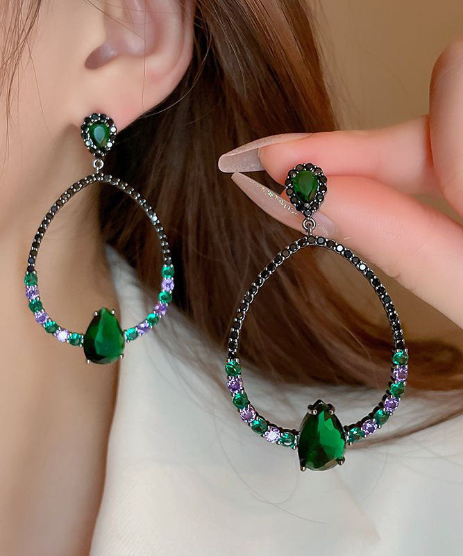 Oversize Green Sterling Silver Inlaid Zircon Water Drop Gem Stone Hoop Earrings