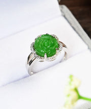 Oversize Green Sterling Silver Jade Zircon Floral Rings