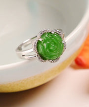 Oversize Green Sterling Silver Jade Zircon Floral Rings