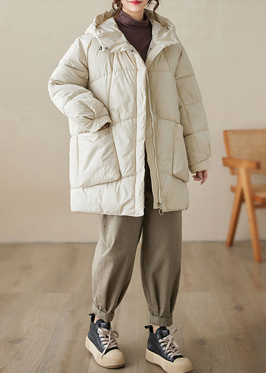 Oversized Beige Hooded Pockets Fine Cotton Filled Puffers Coats Winter