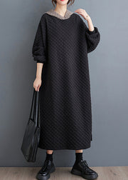 Oversized Black Hooded Fine Cotton Filled Long Dresses Winter