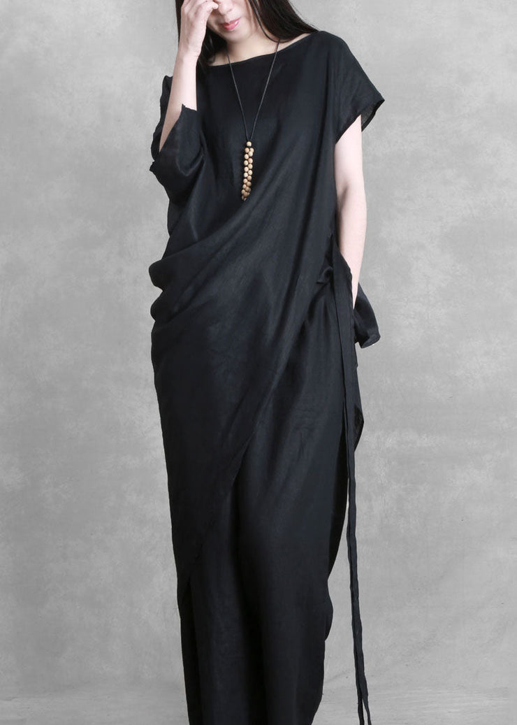 Oversized Black O-Neck Asymmetrical Patchwork Tie Waist Linen Two Piece Set Summer