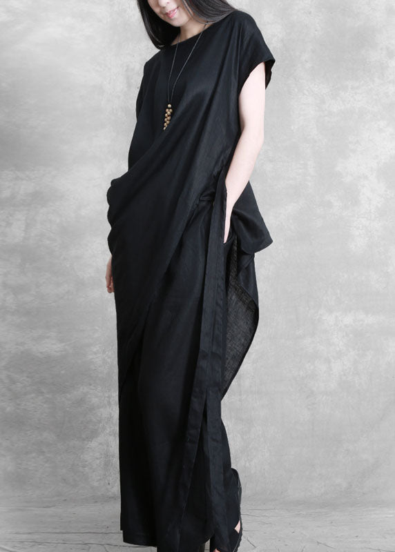 Oversized Black O-Neck Asymmetrical Patchwork Tie Waist Linen Two Piece Set Summer