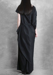 Oversized Black O-Neck Asymmetrical Patchwork Tie Waist Linen Two Piece Set Summer