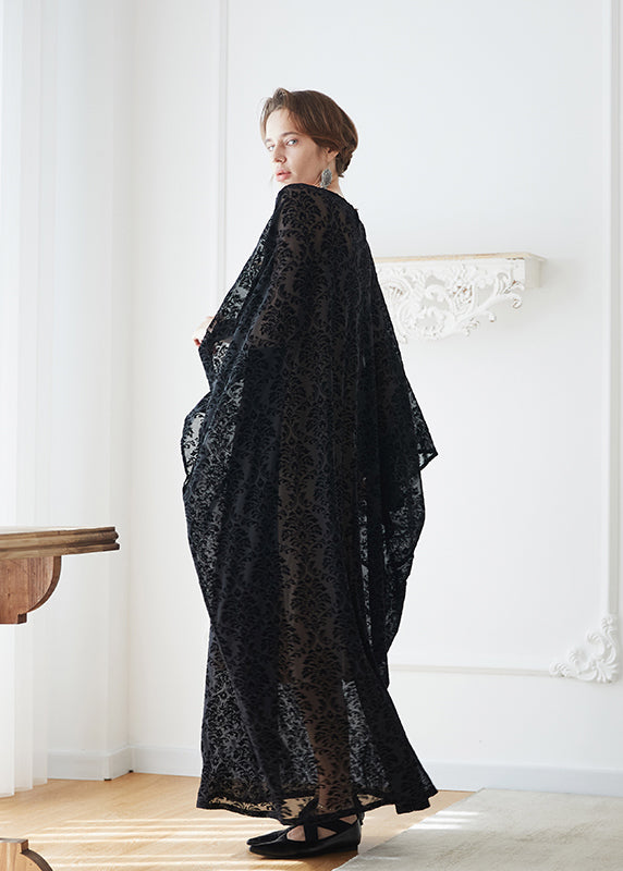 Oversized Black O Neck Jacquard Velour Robe Dresses Summer