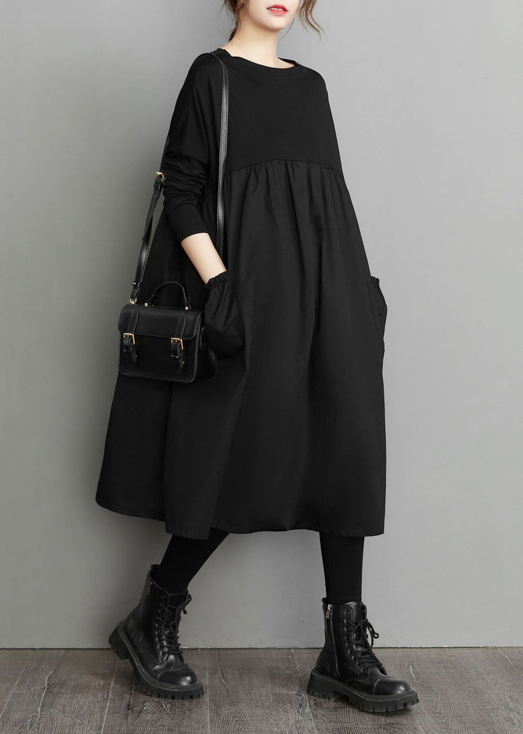 Oversized Black O Neck Wrinkled Pockets Patchwork Cotton Dress Spring