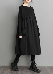 Oversized Black O Neck Wrinkled Pockets Patchwork Cotton Dress Spring