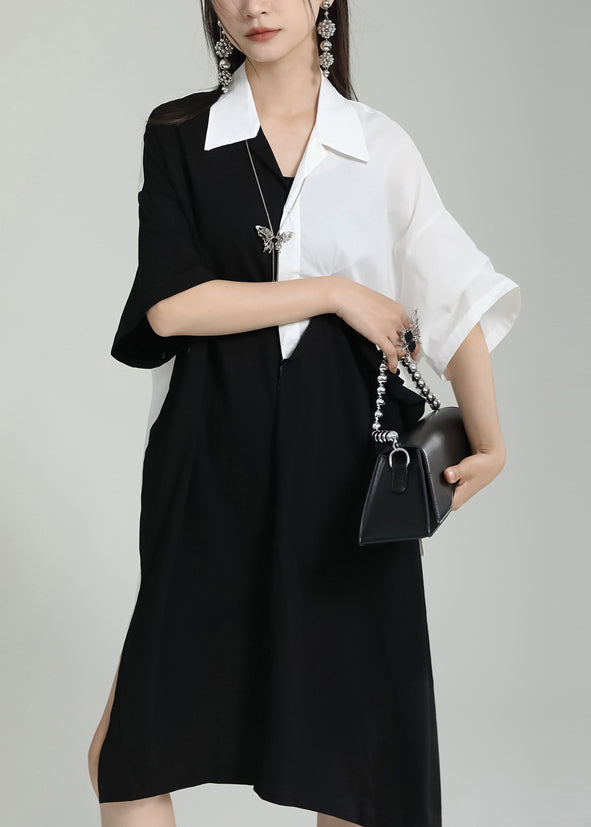 Oversized Black Peter Pan Collar Patchwork Cotton Shirts Dress Summer