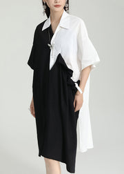 Oversized Black Peter Pan Collar Patchwork Cotton Shirts Dress Summer