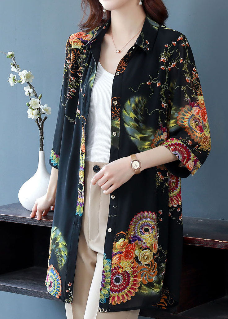 Oversized Black Peter Pan Collar Print Patchwork Chiffon Shirt Summer