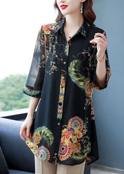 Oversized Black Peter Pan Collar Print Patchwork Chiffon Shirt Summer