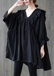 Oversized Black V Neck Ruffled Patchwork Cotton Shirt Top Summer