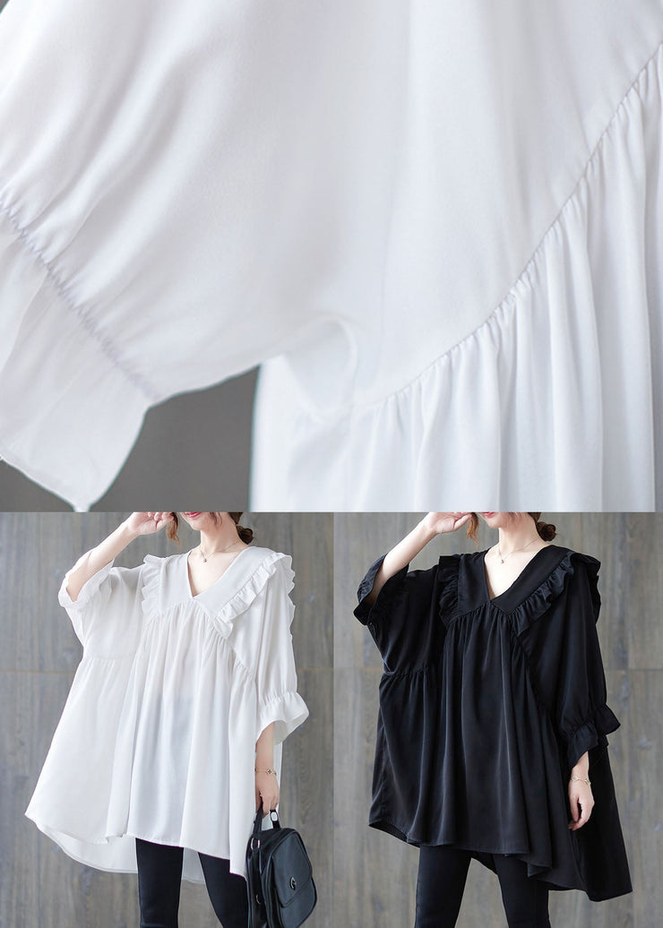 Oversized Black V Neck Ruffled Patchwork Cotton Shirt Top Summer