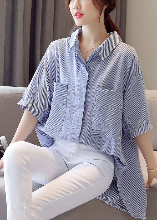 Oversized Blue Peter Pan Collar Striped Pockets Patchwork Cotton Shirts Top Summer