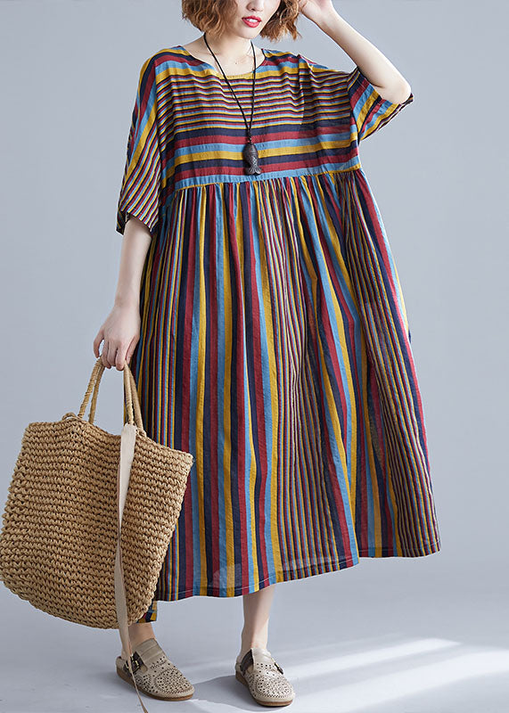 Oversized Coffee Striped O Neck Wrinkled Patchwork Cotton Dresses Summer