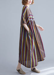 Oversized Coffee Striped O Neck Wrinkled Patchwork Cotton Dresses Summer